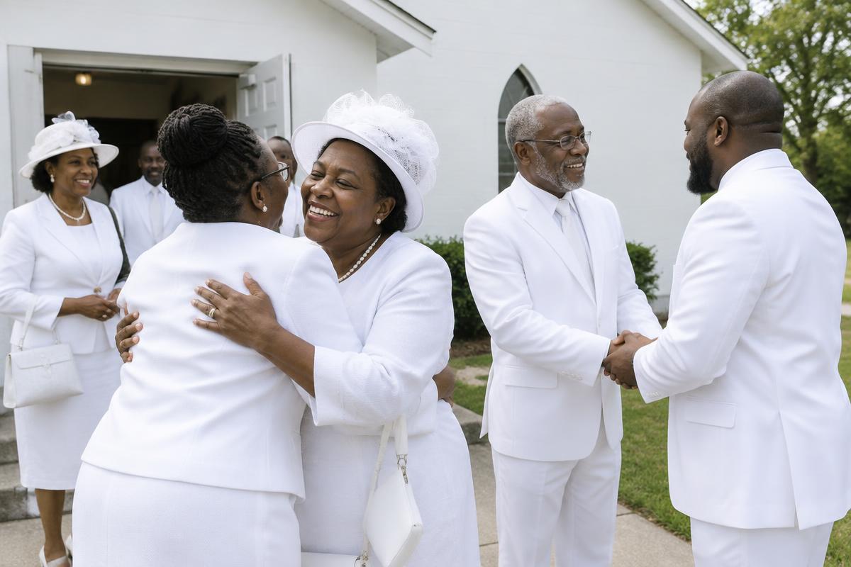 Members greeting one another after a service